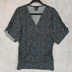 BCBG Maxazria Top Womens M Black Green Blue Draped Ruched Jersey Knit V-Neck Y2K